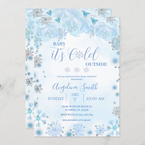 Winter Cold Outside Blue Snowflake Baby Shower Invitation