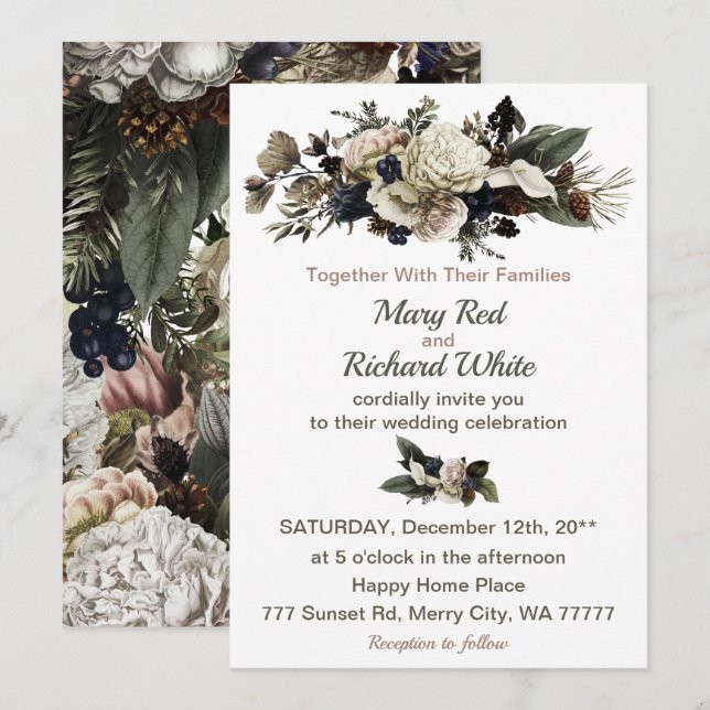 Winter Conifer Floral Calla Lily Peony Wedding Invitation (Front/Back)