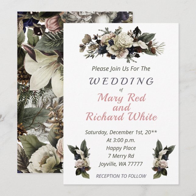 Winter Conifer Floral Cream Calla Lily Wedding Invitation (Front/Back)