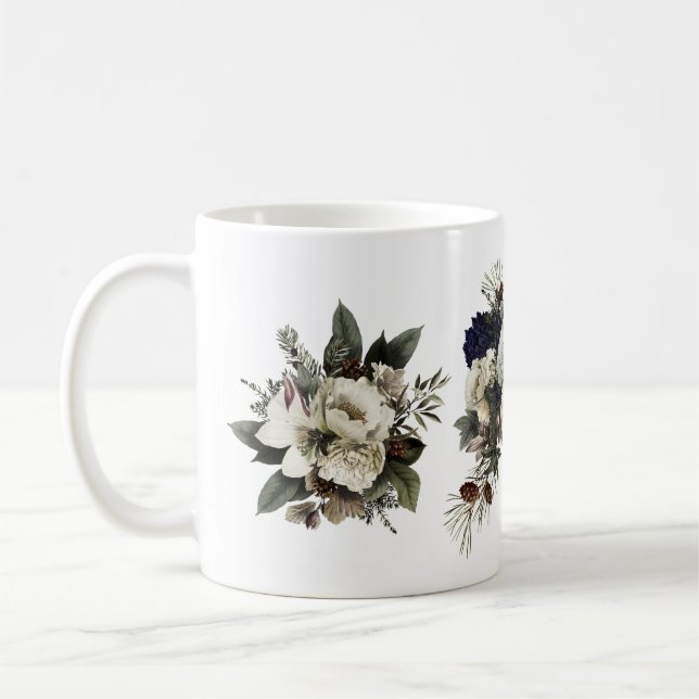 Winter Conifer Floral Cream Magnolia Peony Roses  Coffee Mug (Left)