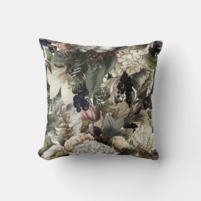 Winter Conifer Floral Magnolia Peony Romantic  Throw Pillow (Front)