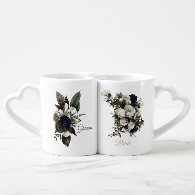 Winter Conifer Floral Romantic Peony Wedding Coffee Mug Set (Back Nesting)