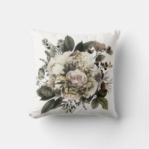 Winter Conifer Floral White Cream Pink Peony Roses Throw Pillow