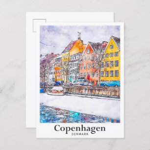 Winter Copenhagen Denmark Watercolor Hand Drawn Postcard