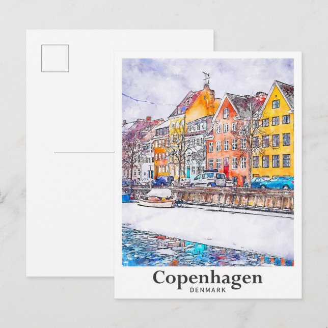 Winter Copenhagen Denmark Watercolor Hand Drawn Postcard (Front/Back)