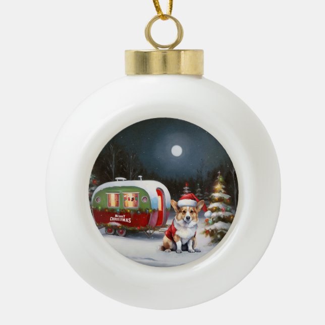 Winter Corgi Caravan Christmas Adventure  Ceramic Ball Christmas Ornament (Front)