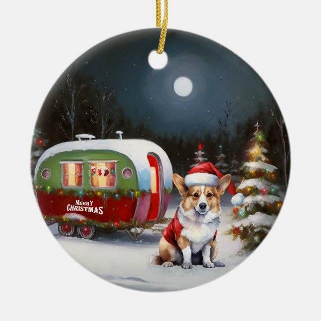 Winter Corgi Caravan Christmas Adventure  Ceramic Ornament (Front)