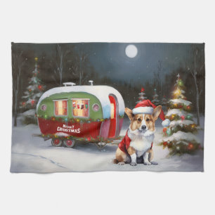 Winter Corgi Caravan Christmas Adventure Kitchen Towel