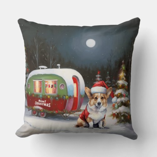 Winter Corgi Caravan Christmas Adventure  Throw Pillow