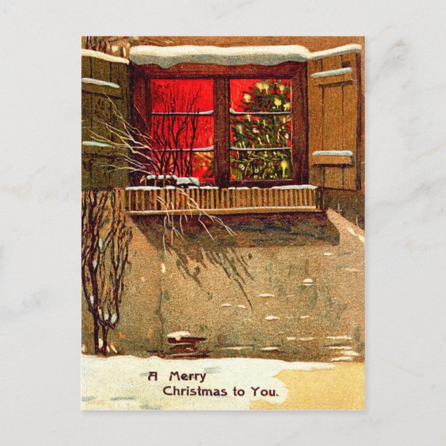 Winter Cottage Candlelit Christmas Tree Window Holiday Postcard (Front)