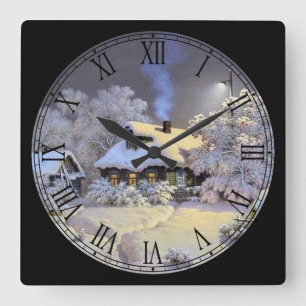 Winter Cottage Fine Art Roman Numeral Square Wall Clock