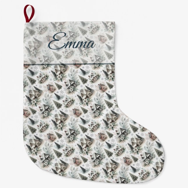 Winter Cottage Snowfall Pattern Large Christmas Stocking (Front)