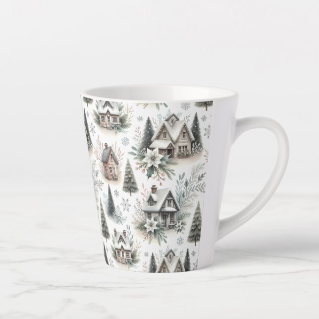 Winter Cottage Snowfall Pattern Latte Mug (Right)