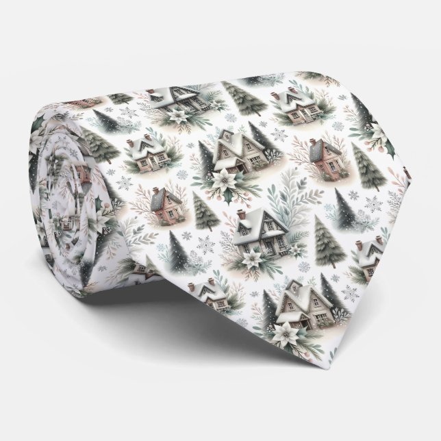 Winter Cottage Snowfall Pattern Neck Tie (Rolled)