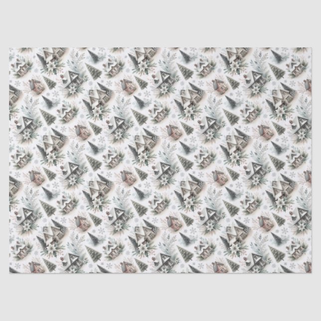 Winter Cottage Snowfall Pattern Tissue Paper (Front)
