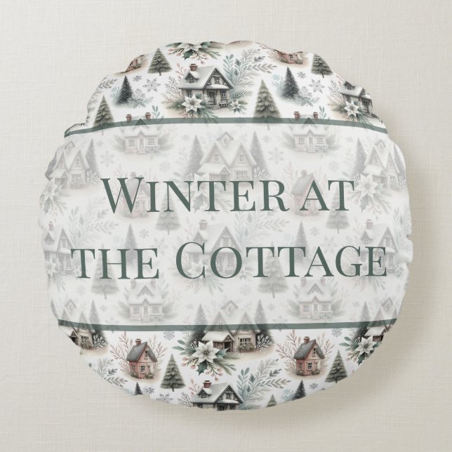 Winter Cottage Snowfall Words Round Pillow (Front)