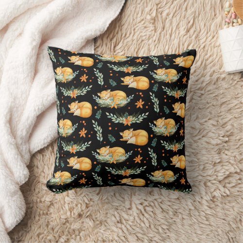 Winter Cottagecore Sleeping Fox Black  Throw Pillow