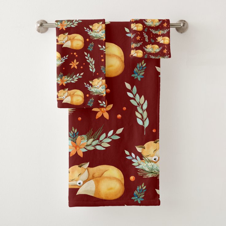 Winter Cottagecore Sleeping Fox Dark Red Bath Towel Set Zazzle