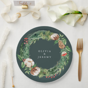 Winter Cotton and Greens Mongram Wedding Paper Plates