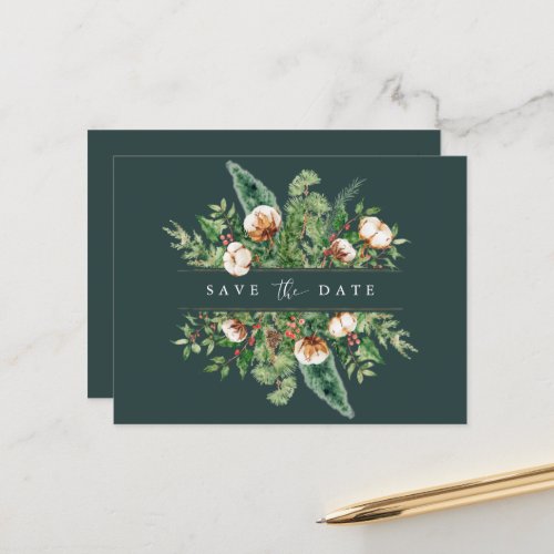 Winter Cotton and Greens Save The Date Postcard