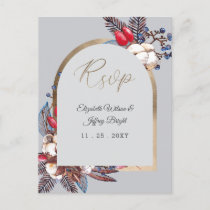 Winter Cotton Dusty Blue Red Berries Arched Rsvp Invitation Postcard