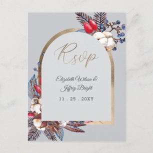 Winter Cotton Dusty Blue Red Berries Arched Rsvp Invitation Postcard