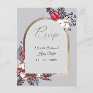 Winter Cotton Dusty Blue Red Berries Arched Rsvp Invitation Postcard