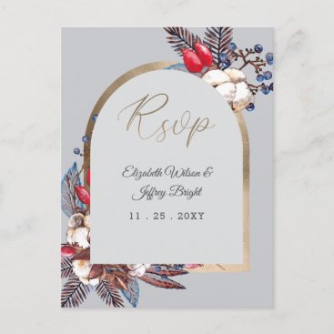 Winter Cotton Dusty Blue Red Berries Arched Rsvp Invitation Postcard