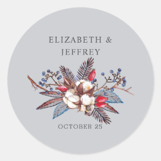 Winter Cotton Dusty Blue Red Berries Wedding Classic Round Sticker