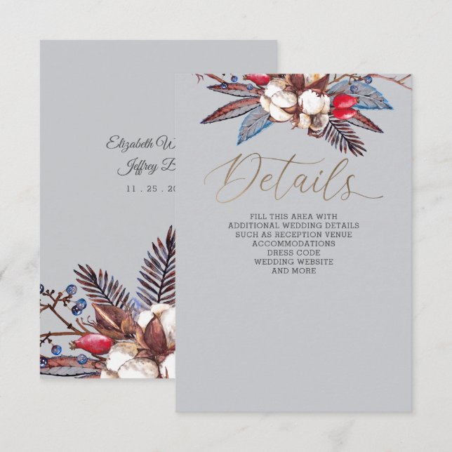 Winter Cotton Dusty Blue Red Berries Wedding Enclosure Card (Front/Back)