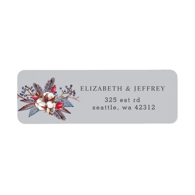 Winter Cotton Dusty Blue Red Berries wedding Label (Front)