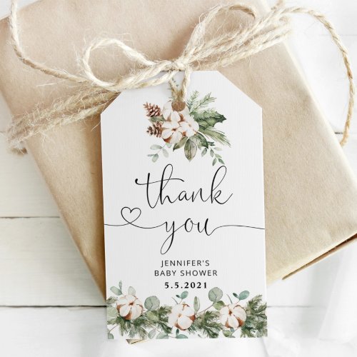 Winter cotton evergreen baby shower thank you gift tags