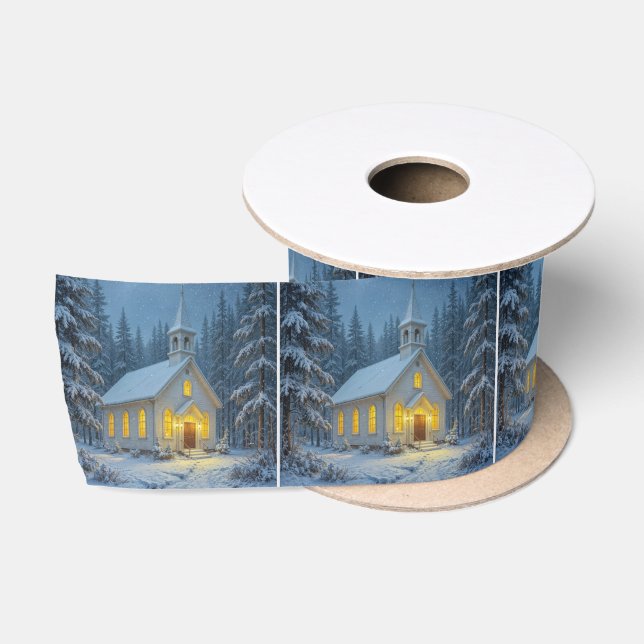 Winter Country Church In Snowflakes Satin Ribbon (Spool)