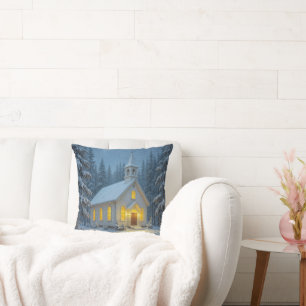 Winter Country Church In Snowflakes Throw Pillow