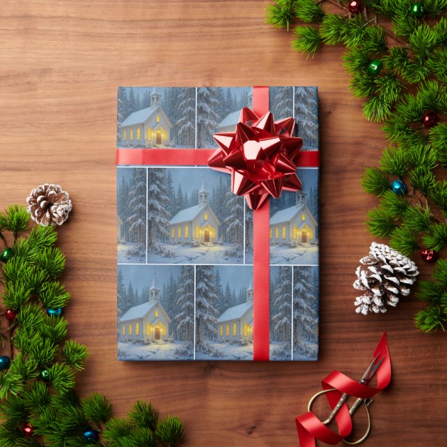 Winter Country Church In Snowflakes Wrapping Paper (Holiday Gift)