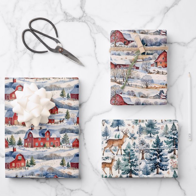 Winter Country Farm & Red Barns Wrapping Paper Sheets (Front)