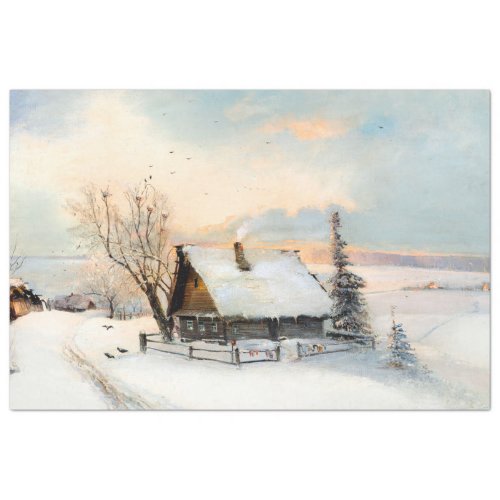 Winter Country Landscape Vintage Snowy Cabin Pain Tissue Paper