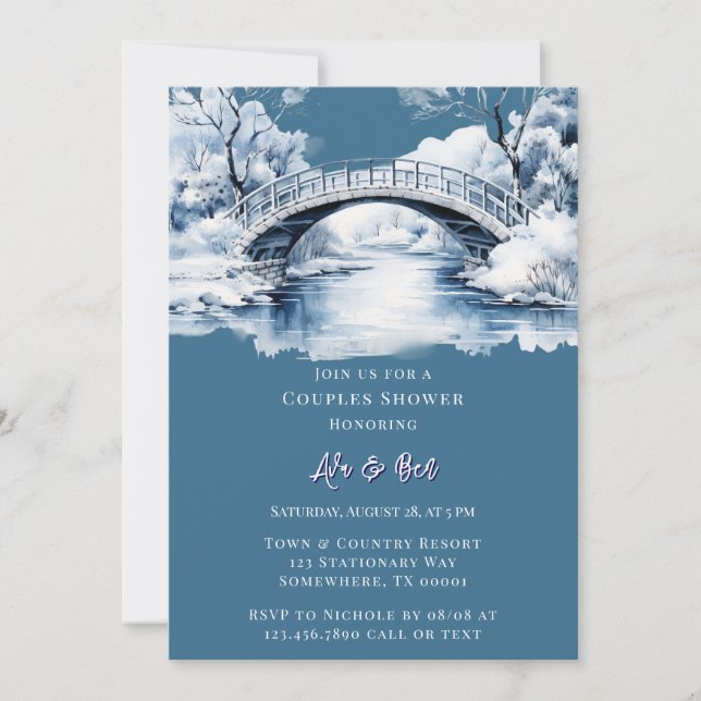 Winter Country Water Stream Bridge Couples Shower Invitation (Front)