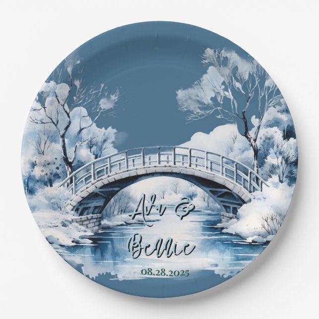 Winter Country Water Stream Bridge Wedding Paper Plates (Front)
