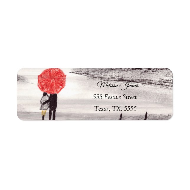 Winter Couple Red Umbrella Festive Wedding Label (Front)