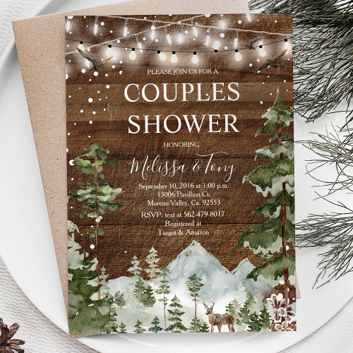 Winter Couple Shower Rustic Wood String Lights Invitation