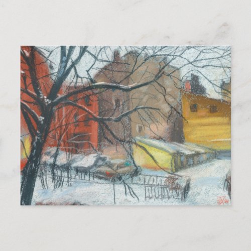 Winter Courtyard Landscape Pastel Painting Art Postcard