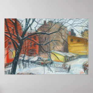 Winter Courtyard Landscape Pastel Painting Art Poster