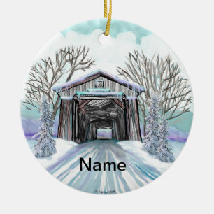 Winter Covered Bridge Ceramic Ornament