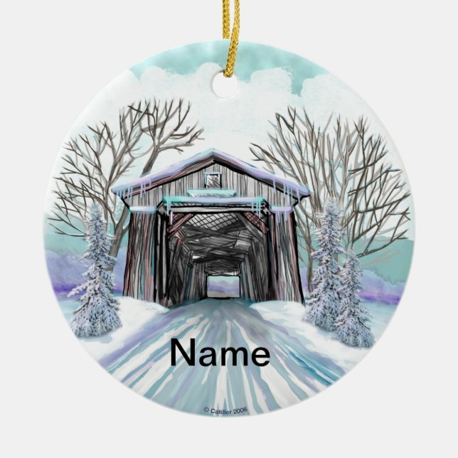 Winter Covered Bridge Ceramic Ornament (Front)