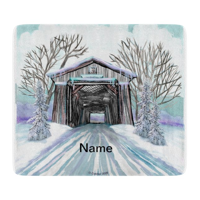 Winter Covered Bridge Cutting Board (Front)