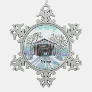 Winter Covered Bridge Snowflake Pewter Christmas Ornament