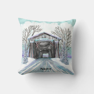 Winter Covered Bridge Throw Pillow