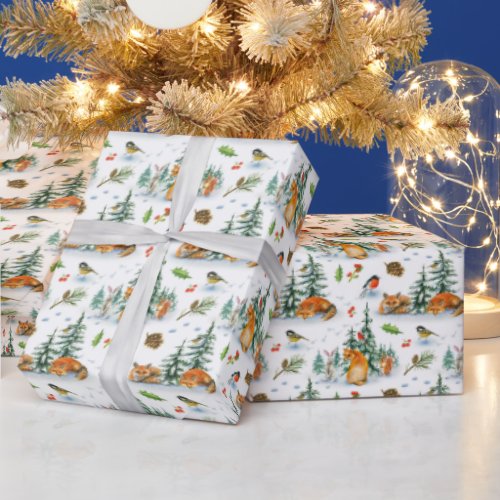 Winter Cozy Nature Fox Rabbit Birds Pine Cones  Wrapping Paper