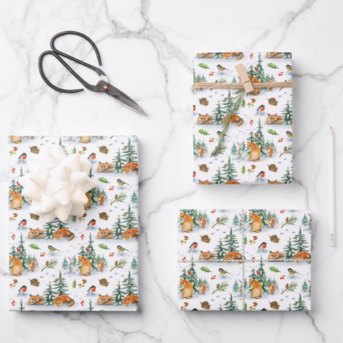 Winter Cozy Nature Fox Rabbit Birds Pine Cones  Wrapping Paper Sheets
